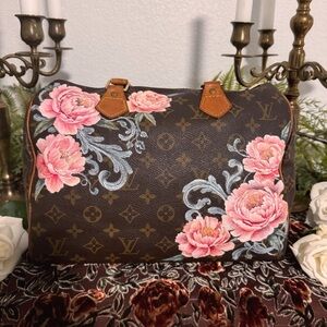 Hand-painted Louis Vuitton Speedy 30 Floral Handbag Authentic